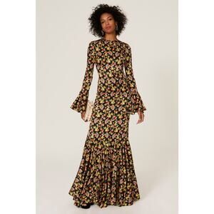Caroline Constas Allonia Black Floral Print Bell Sleeve Formal Gown Size XS